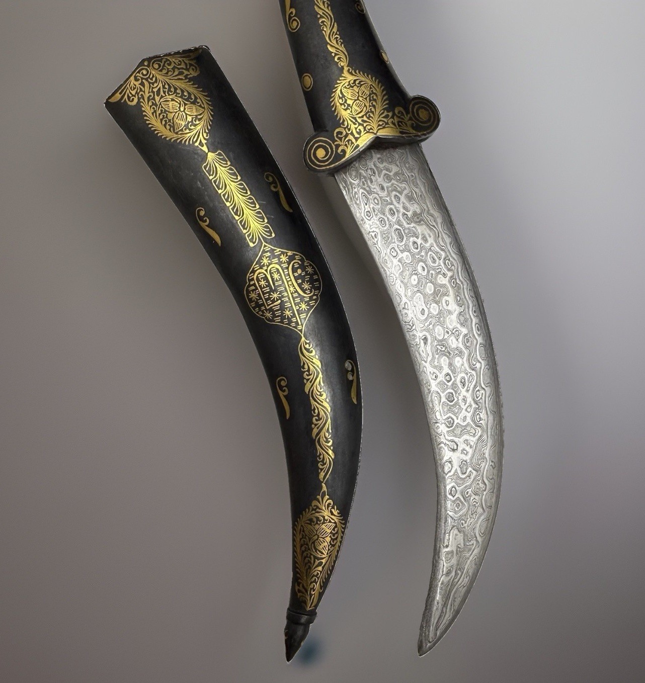 India Persian Khanjar Dagger Damascus Blade Gold Inlay Tiger Handle w Sheath