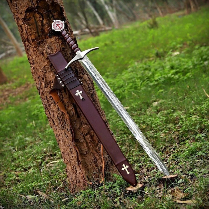 Hand Forged Templar Knights Battle Ready Sword, Steel, Brass Guard & Pommel scab