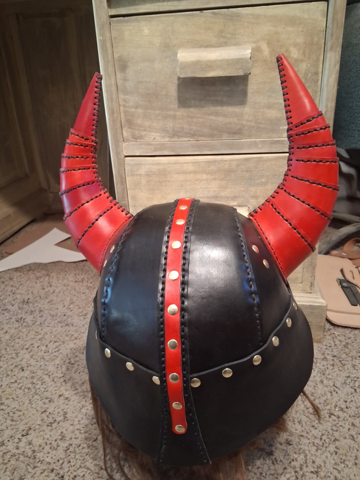 Black Leather Viking Helmet With Horns