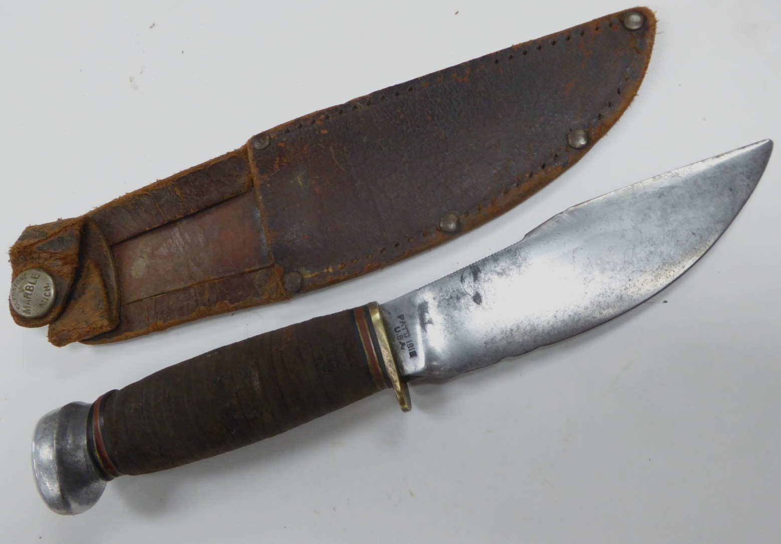 Marble’s Gladstone WOODCRAFT Pat’d 1916 Hunting Knife Aluminum Pommel w/ Sheath