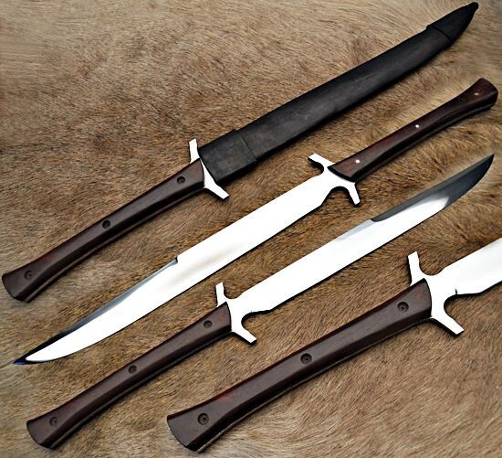 2Pc Handmade 27.2″ HighCarbon Steel Double Handed Short Sword / Leather Sheath