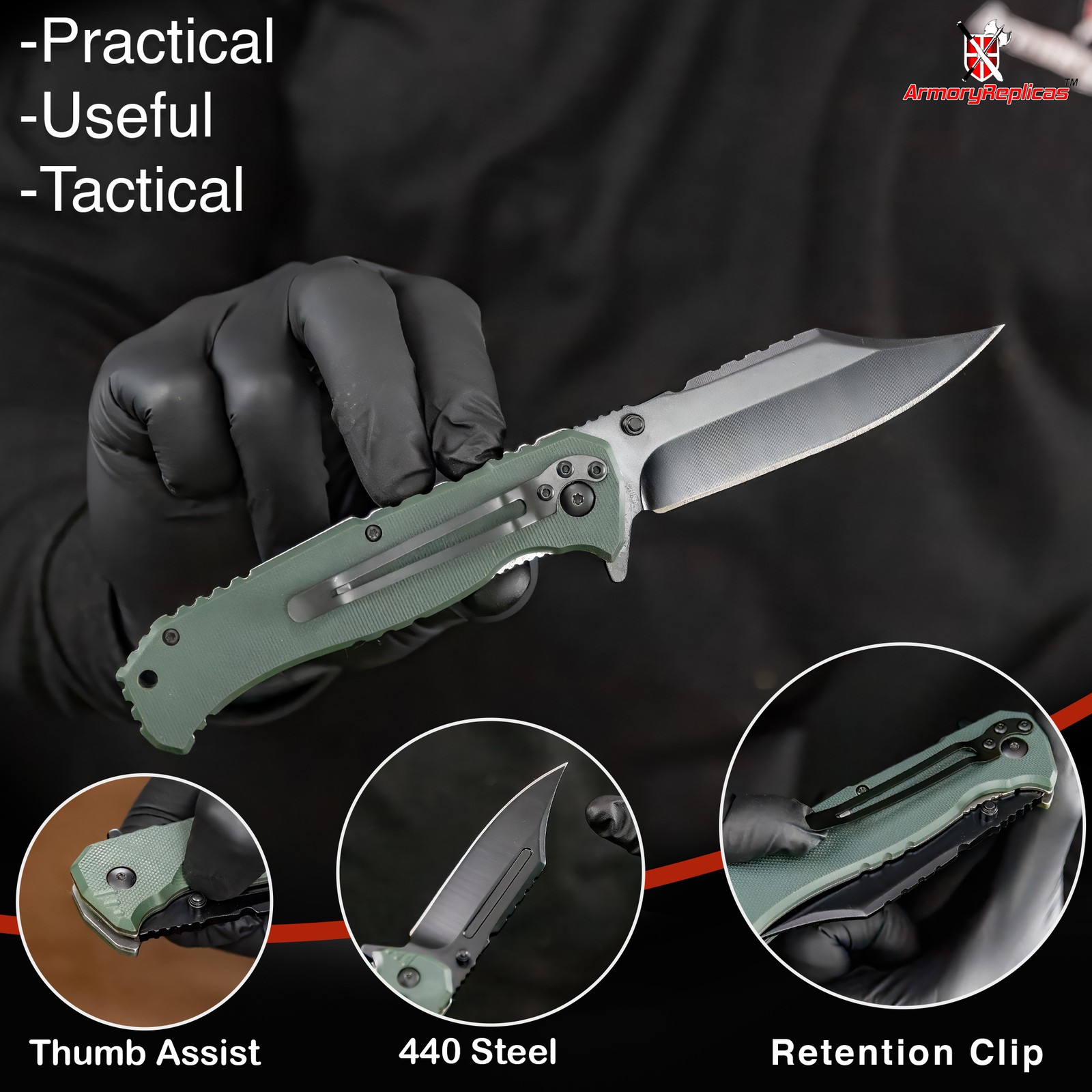 Ranger Assisted Tac Knife | Black Blade G-10 Green Composite Handle Clip Point