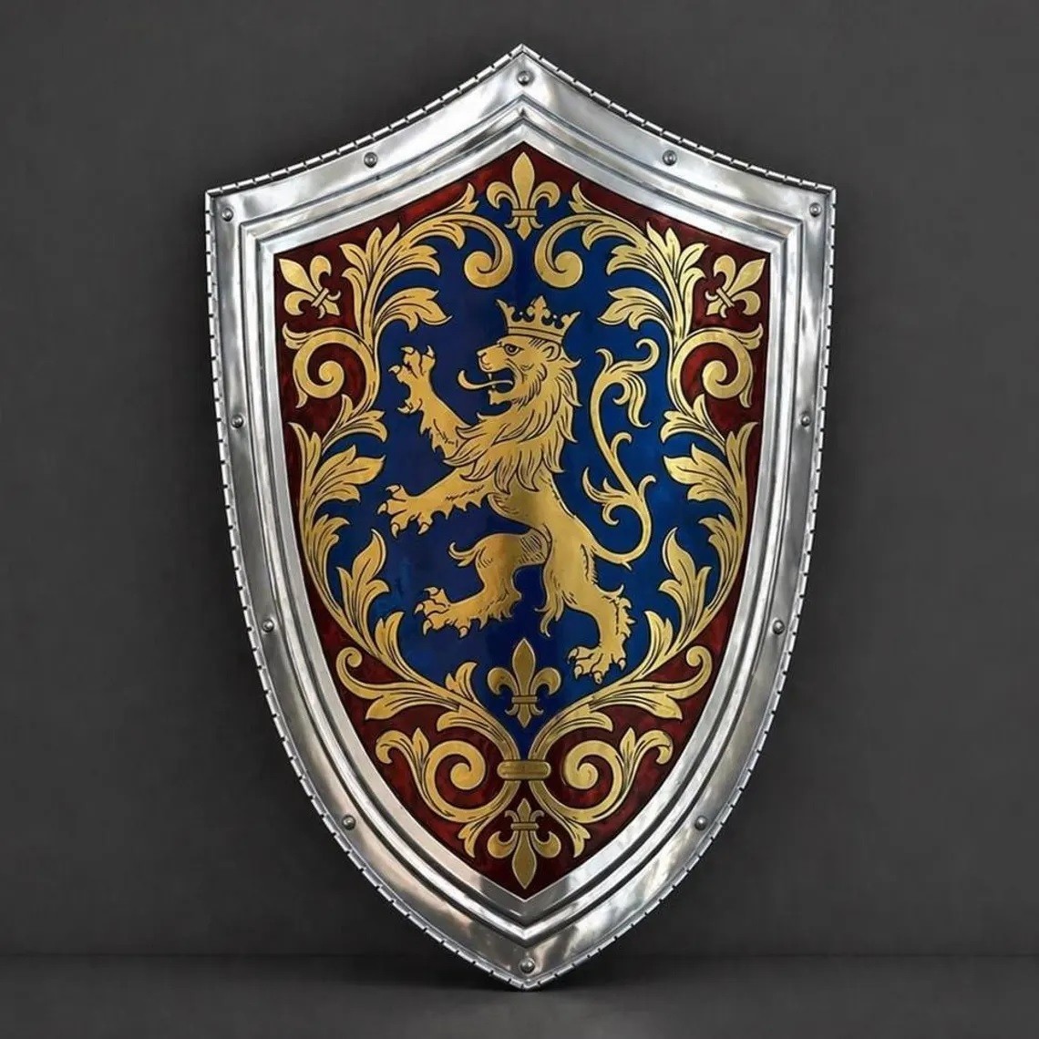 Medieval Handcrafted Heraldic Lion Shield Etched Steel Knight Armor Wall Decor