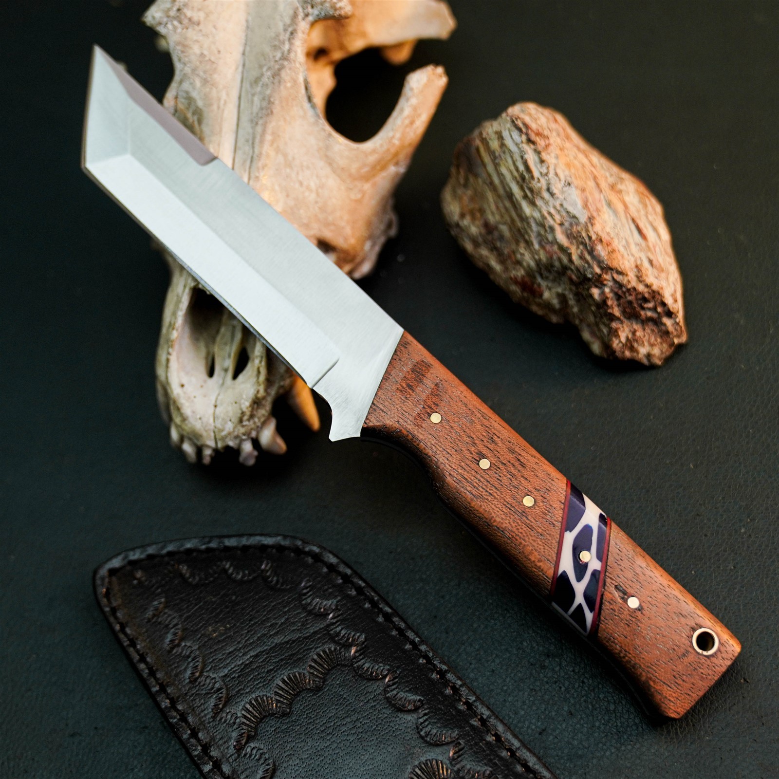 9.0″ Hunting EDC Stainless Knife Handmade Full Tang Wood Handle + Sheath