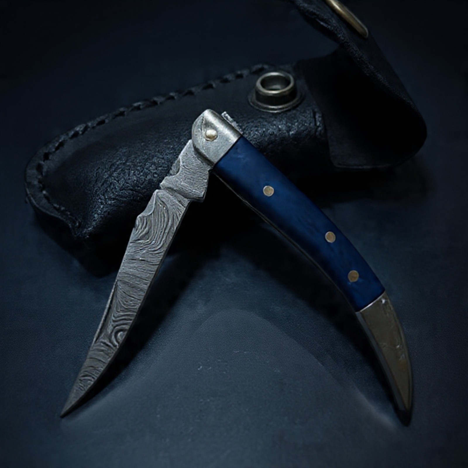 Damascus Steel Folding Knife Blue Bone EDC Pocket Folder with Leather Sheath