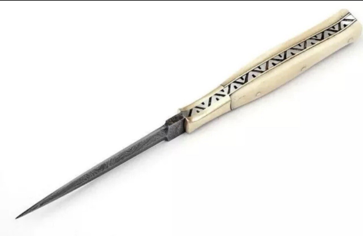 Damascus Double Edged Slick Tooth Pick Boot Knife Camel Bone Handle