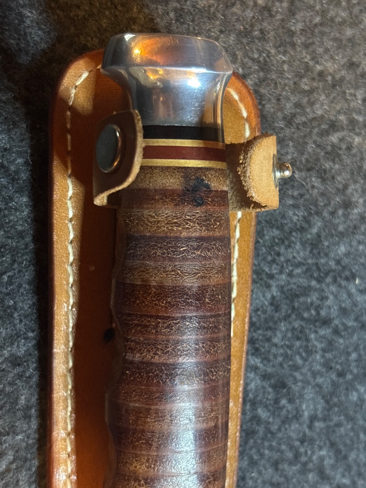 Vintage KA-BAR 1207 USA 6″ Stacked Leather Hunting Knife & Original Sheath MINT