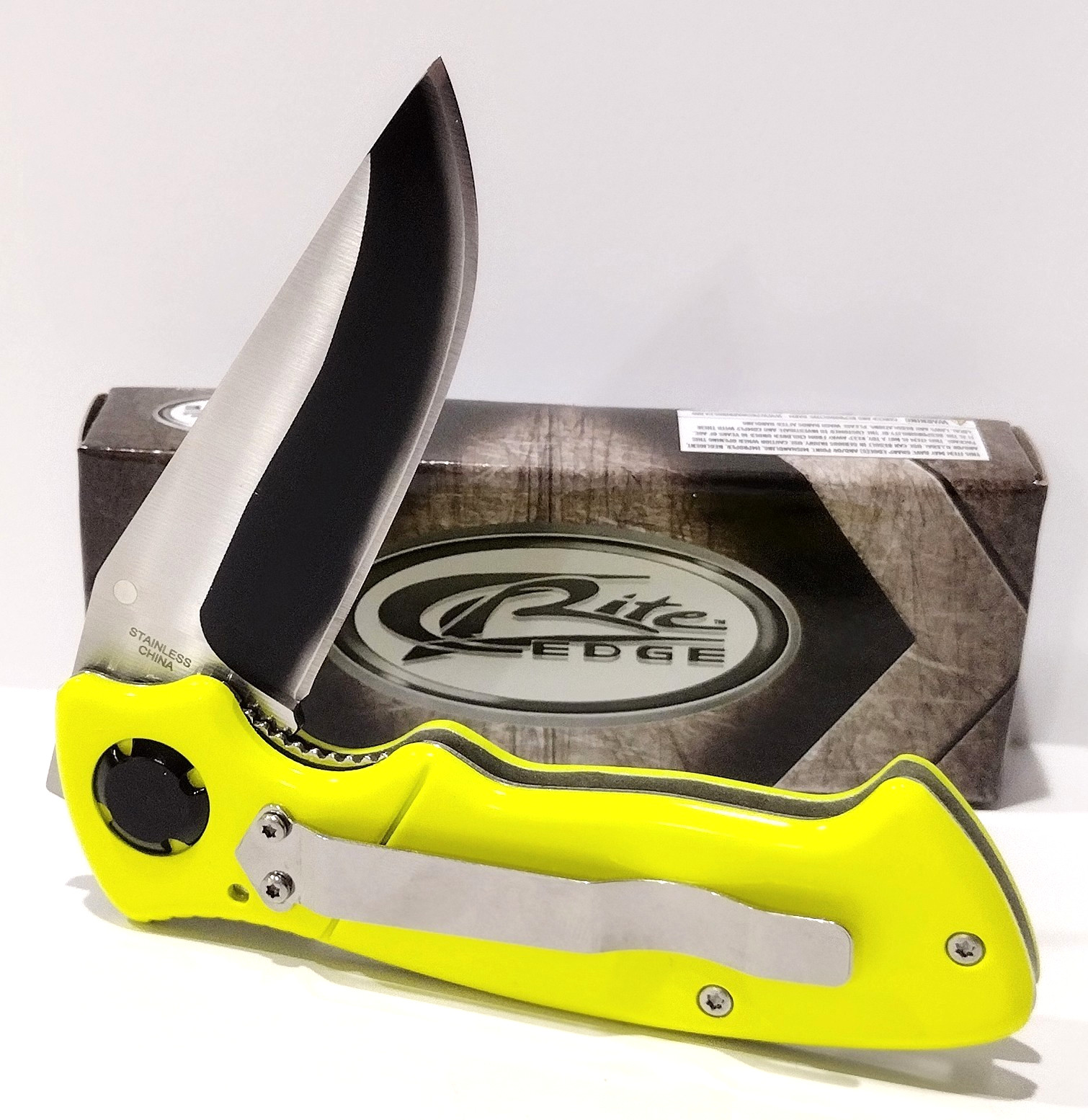 RITE-EDGE Hollow Neon Yellow Drop Point Blade Easy Open EDC Folding Pocket Knife