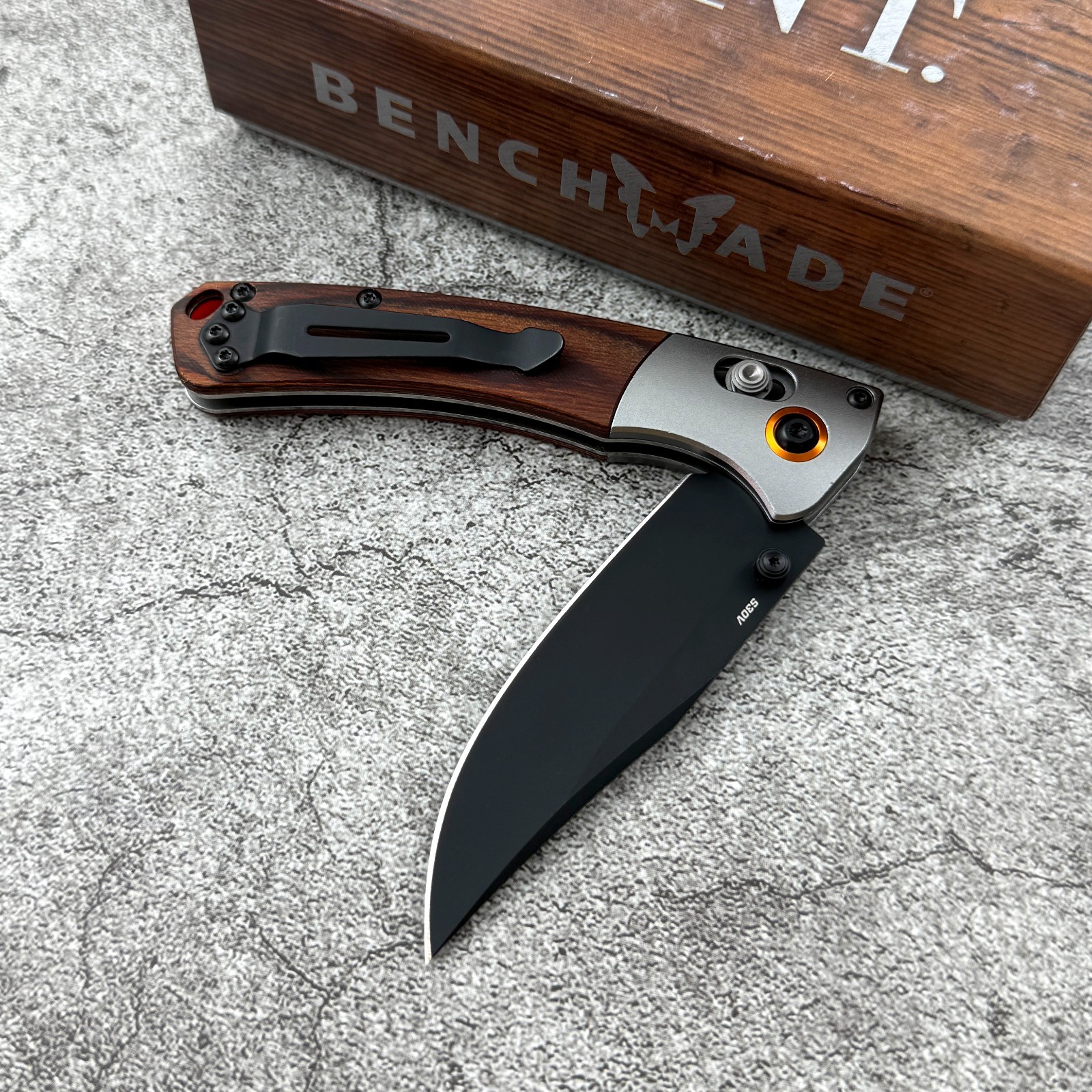 Benchmade 15085-2 Mini Crooked River Gray Aluminum Wood Clip-Point Folding Knife
