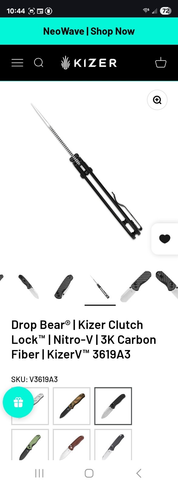 Kizer Drop Bear V3619A3 Pocketknife Nitro-V Drop Point Plain Clutch Lock CF