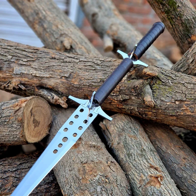 Handmade Fantasy Sword Double Hand Grip Leather Wrap Handle Perforated Blade