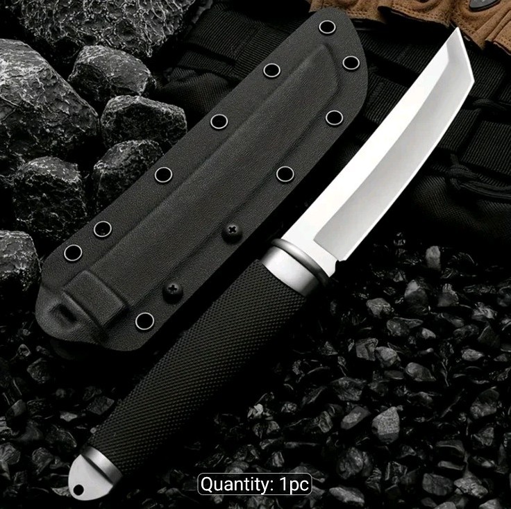 HUANG FU 11.2″ Full Tang Tanto Knife, 440C Blade, Rubberized Grip & Sheath