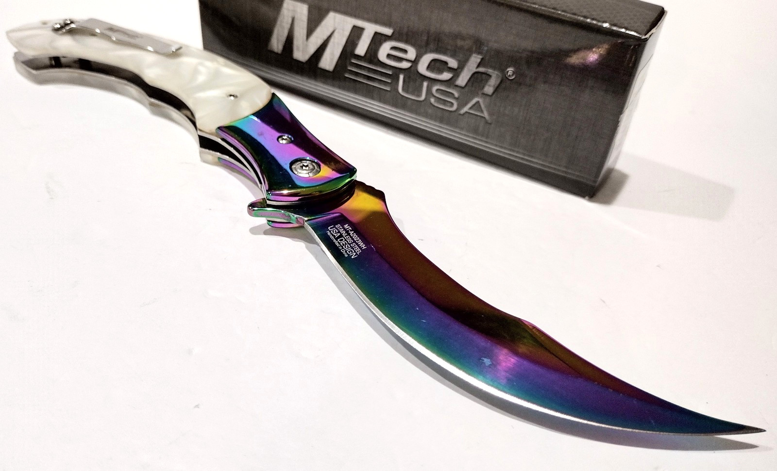 MTECH A/O Large Curved Blade MOP Pearl Tactical Linerlock Folding Pocket Knife