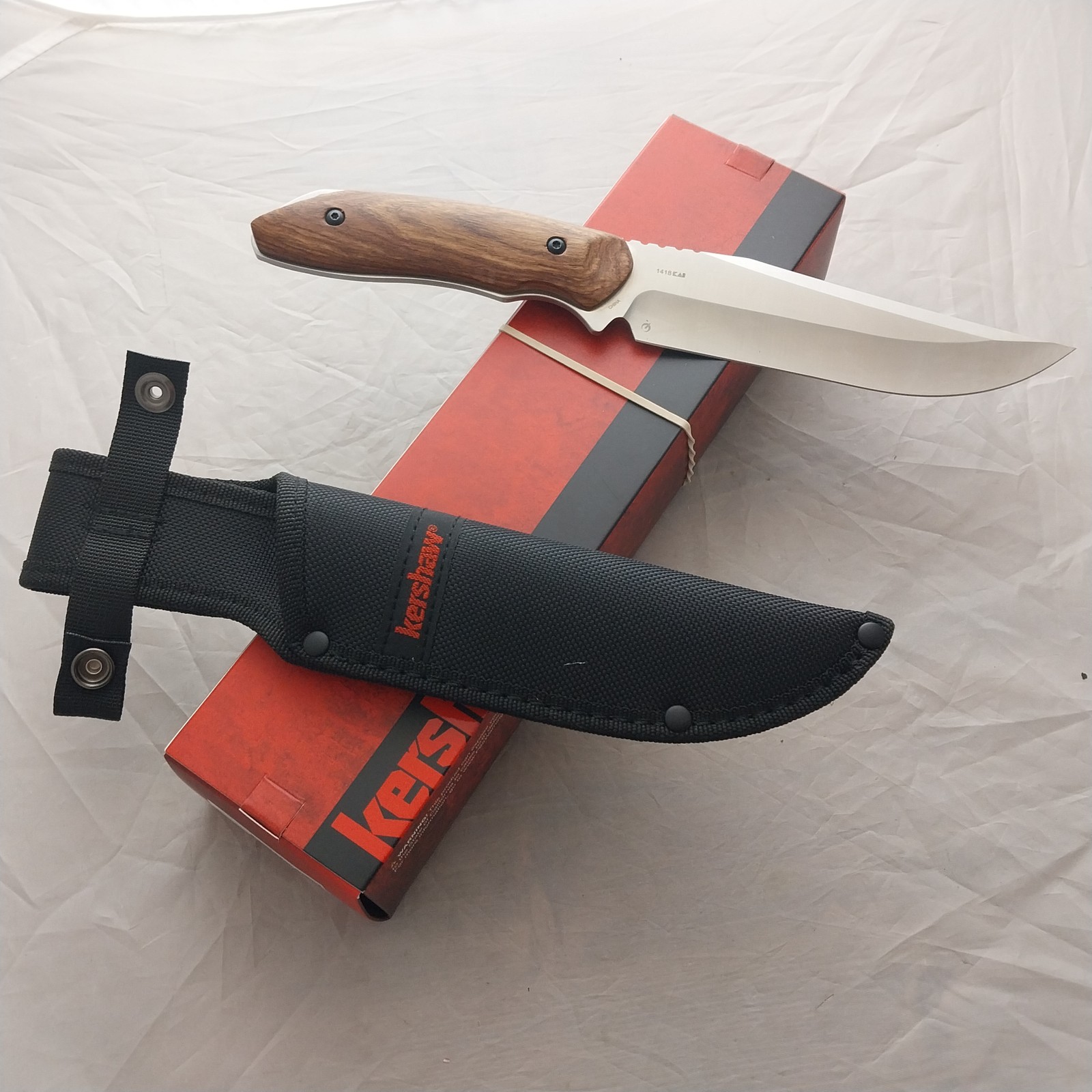 Kershaw Large Hunting Wood Stainless Steel Fixed Blade Knife w/ Sheath 1418