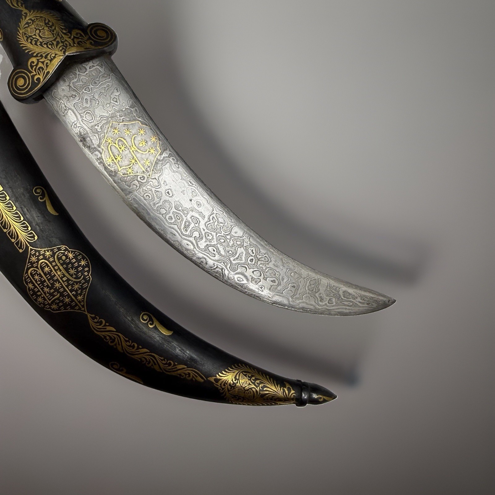 India Persian Khanjar Dagger Damascus Blade Gold Inlay Tiger Handle w Sheath