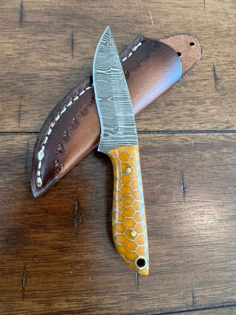 5.5″ CUSTOM EDC HANDMADE DAMASCUS NECK KNIFE W/ HONEYCOMB HANDLE & SHEATH 52.02