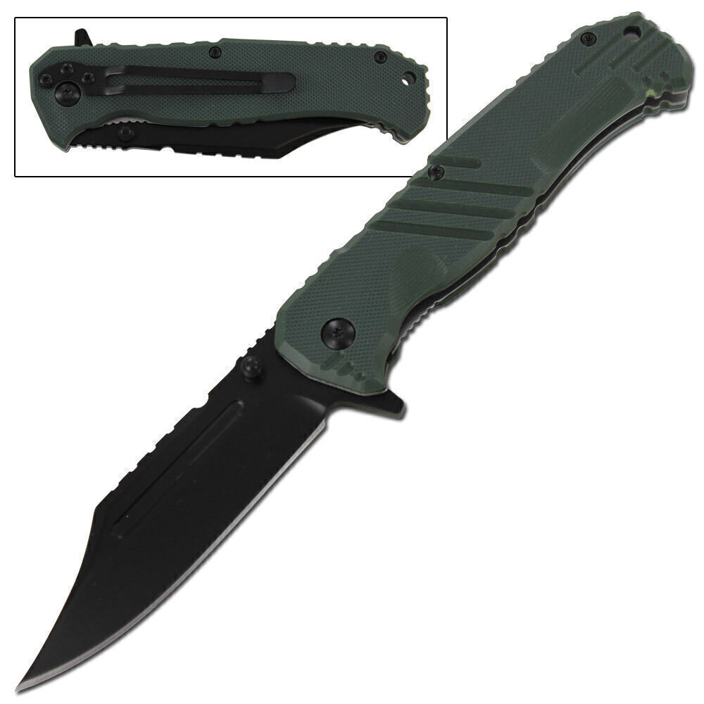 Ranger Assisted Tac Knife | Black Blade G-10 Green Composite Handle Clip Point
