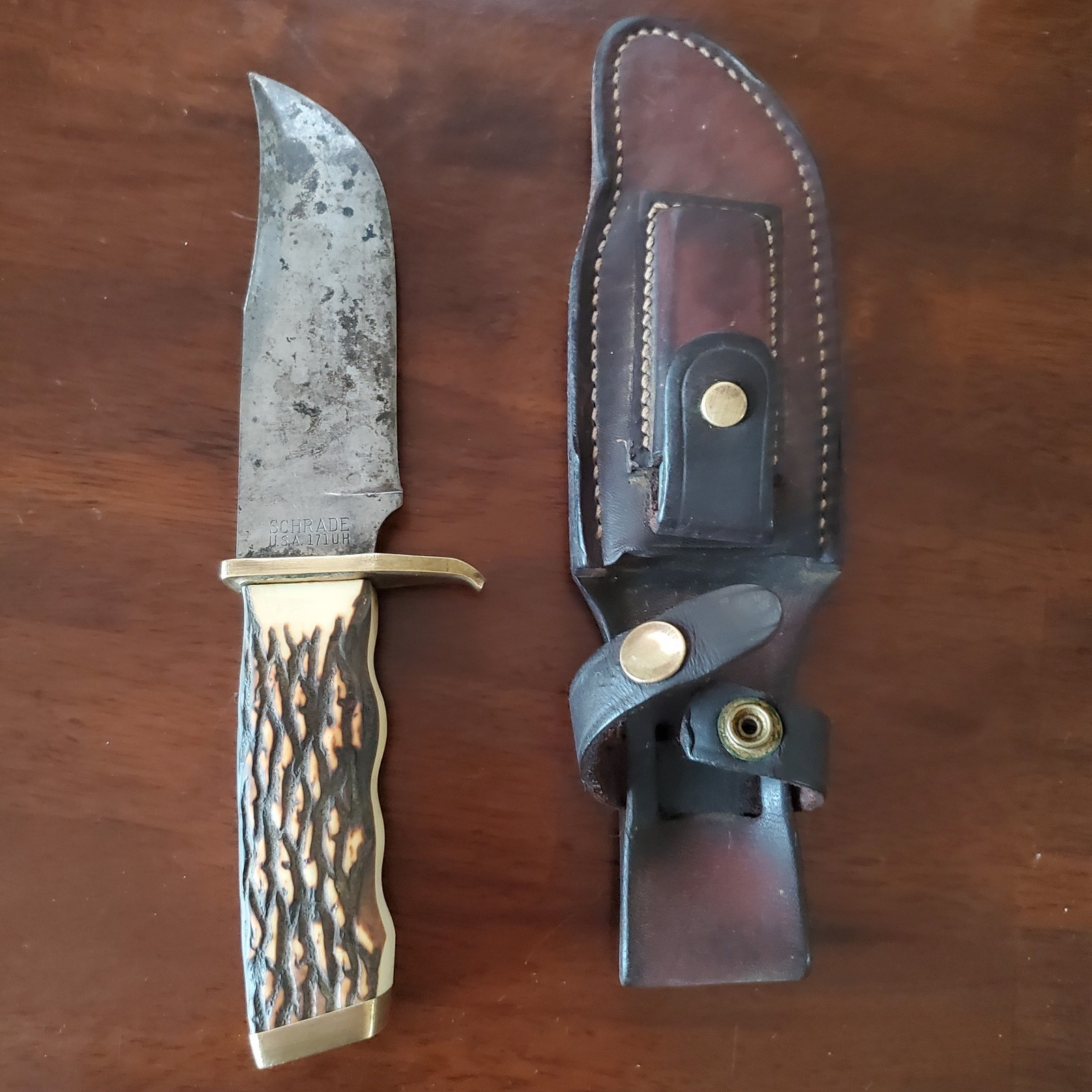 Schrade Fixed 5.5″ Blade Hunting Knife Stag Handle Leather Sheath 171UH