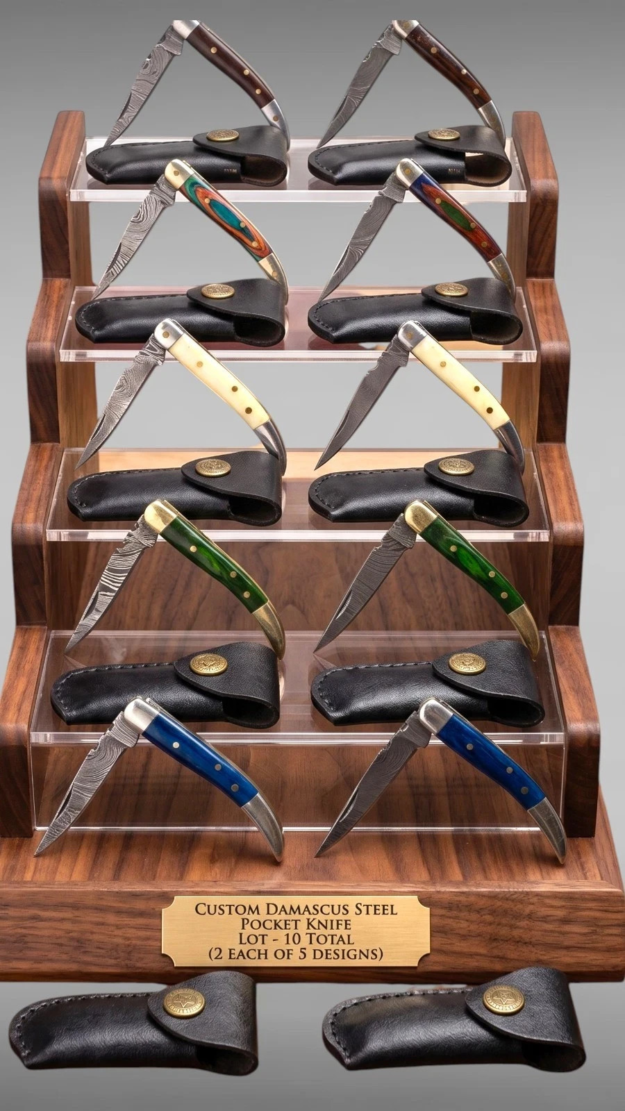 10x Damascus Folding Knife Lot Custom Pocket Knives Bone Wood Handle with Sheath