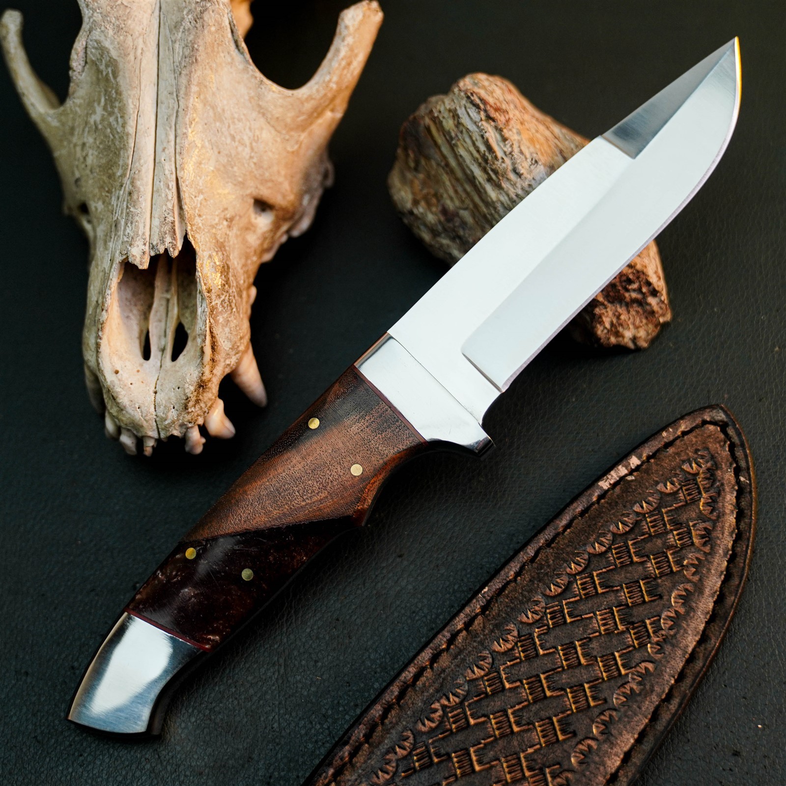8.8″ Hunting EDC Stainless Knife Handmade Full Tang Wood Handle + Sheath