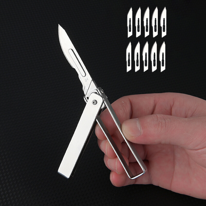 Stainless Steel Folding Blade Knife Keychain Knife with 10 Replacement Blades