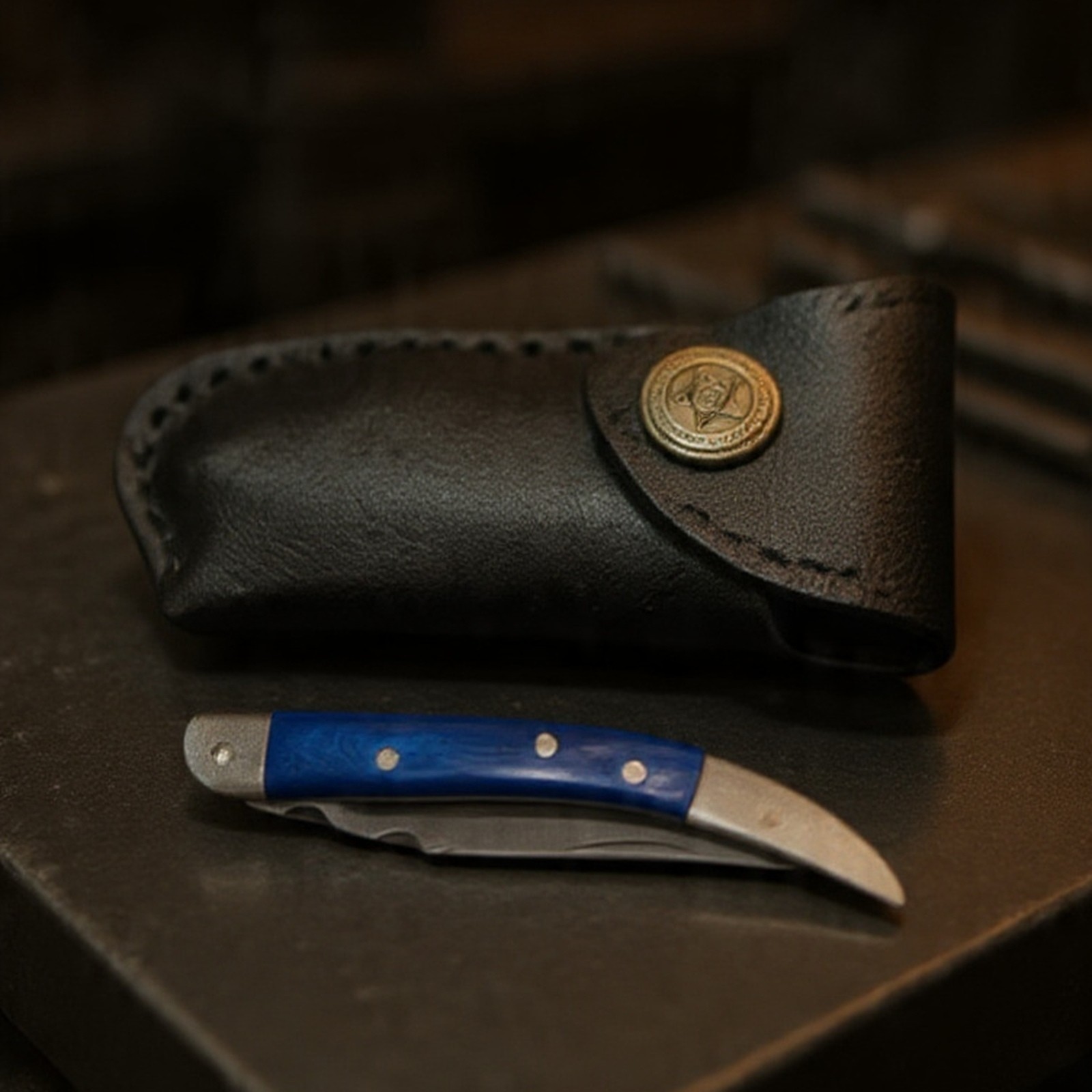 Damascus Steel Folding Knife Blue Bone EDC Pocket Folder with Leather Sheath