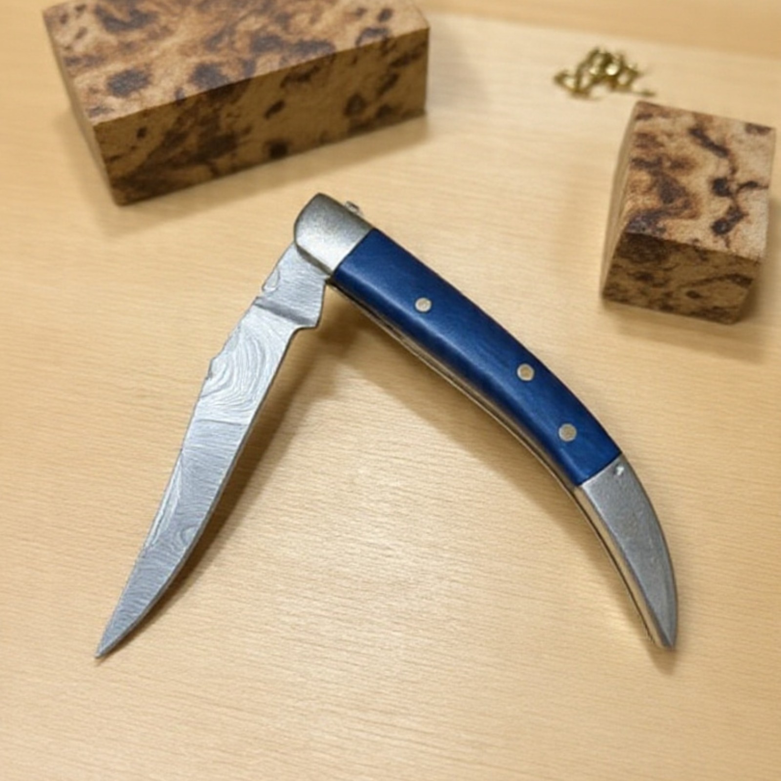 Damascus Steel Folding Knife Blue Bone EDC Pocket Folder with Leather Sheath