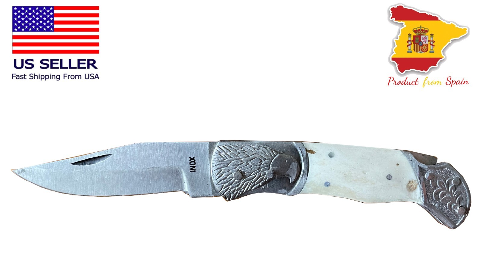 3.5″ Spanish Navaja Pocket Knife Eagle Bolsters Bone Scales Lockback USA Seller