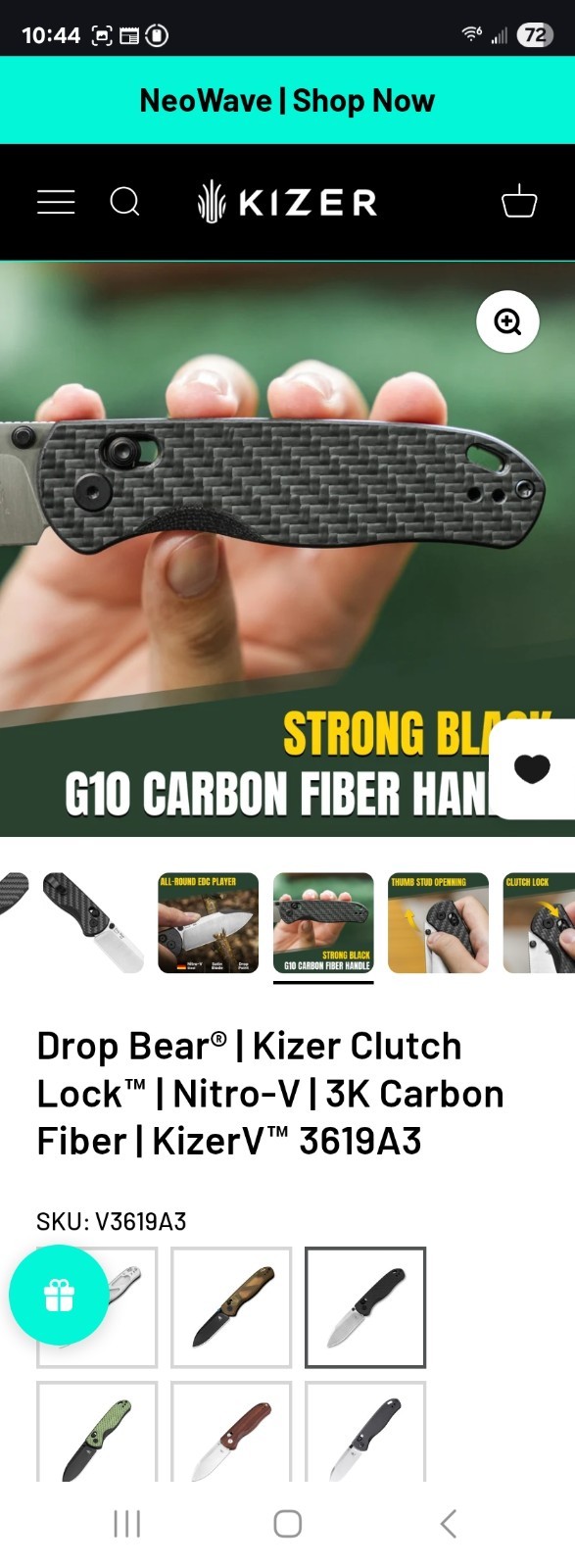 Kizer Drop Bear V3619A3 Pocketknife Nitro-V Drop Point Plain Clutch Lock CF