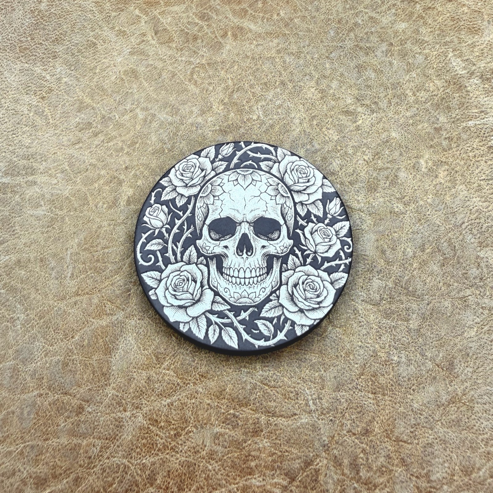 1.5 inch custom Titanium coin in Skull and Roses pattern ~ .15 inches thick