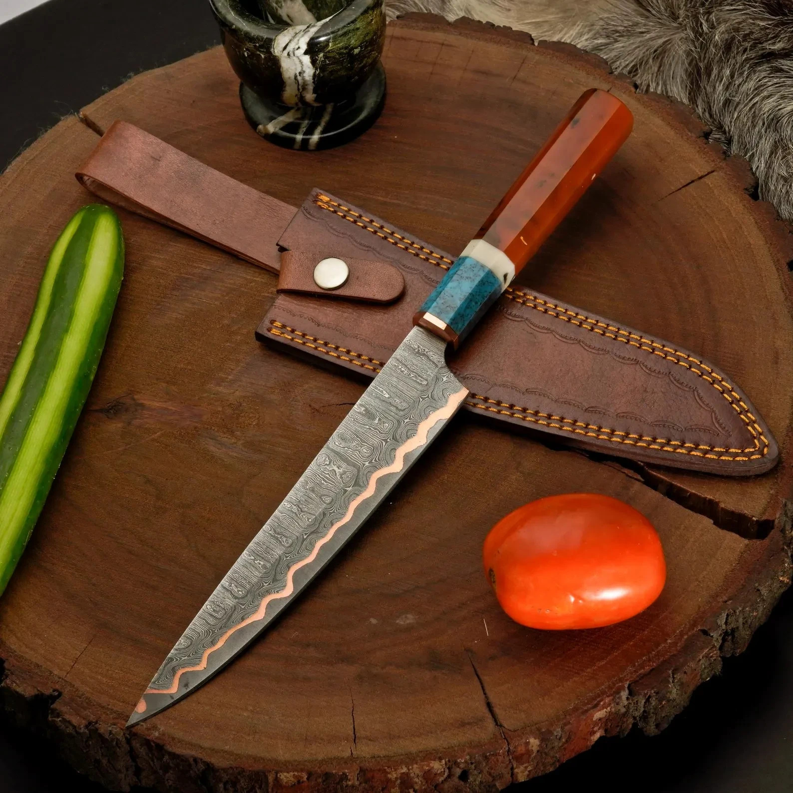 Custom Handmade Damascus Steel Copper San mai Chef knife & Leather Sheath