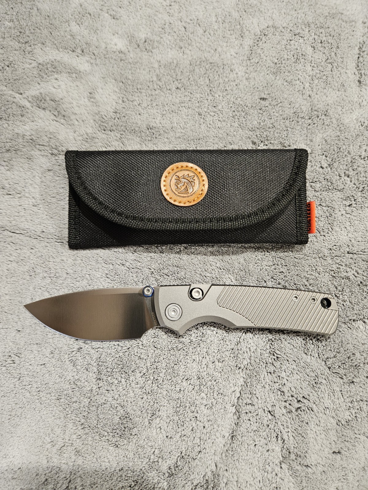 Custom Vosteed Porcupine Tislim 154CM Satin Blade Gray Ti Scales Blue Accents