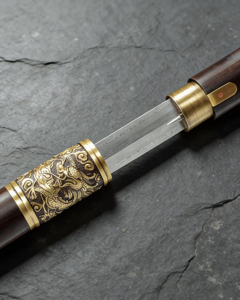 Round Head Sword Cane Solid Wood Shaft Aged Brass Dragon Ring Decorative Display