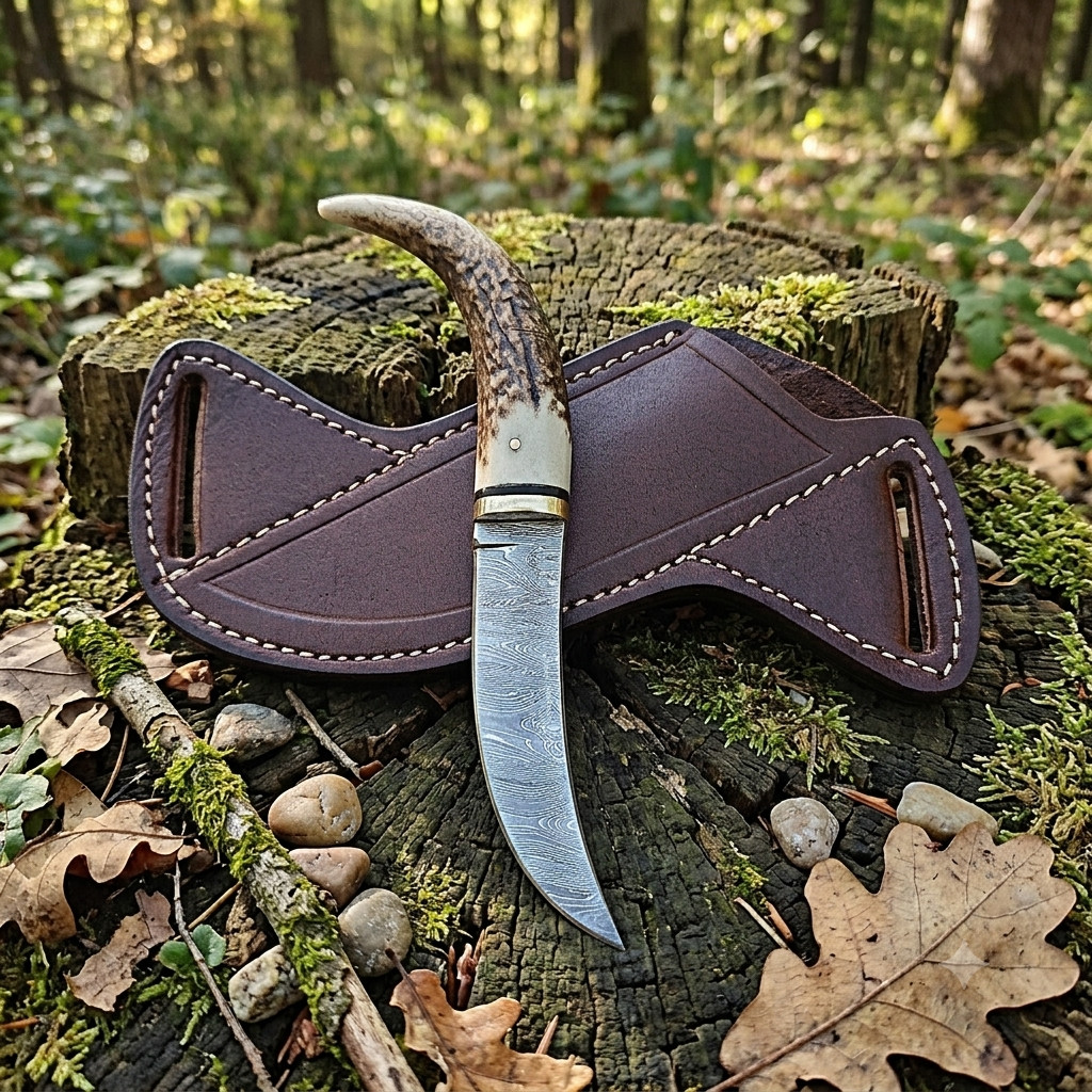 8 in Handmade Damascus Steel Hunting Skinner Knife Stag Handle Cross Draw Sheath