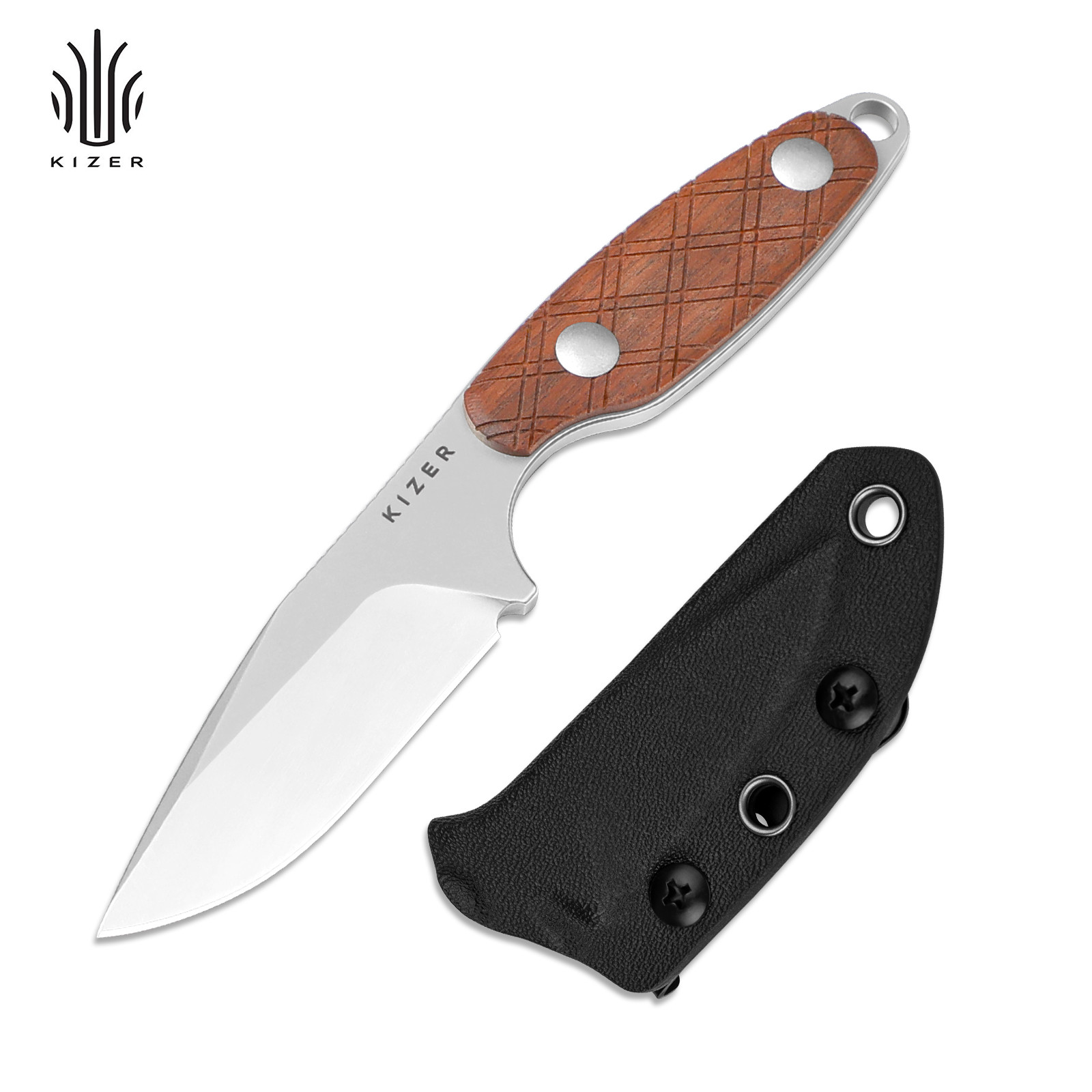 Kizer Muskrat Clip Point Fixed Blade Knife S35VN Wood Handle Stonewashed +Sheath