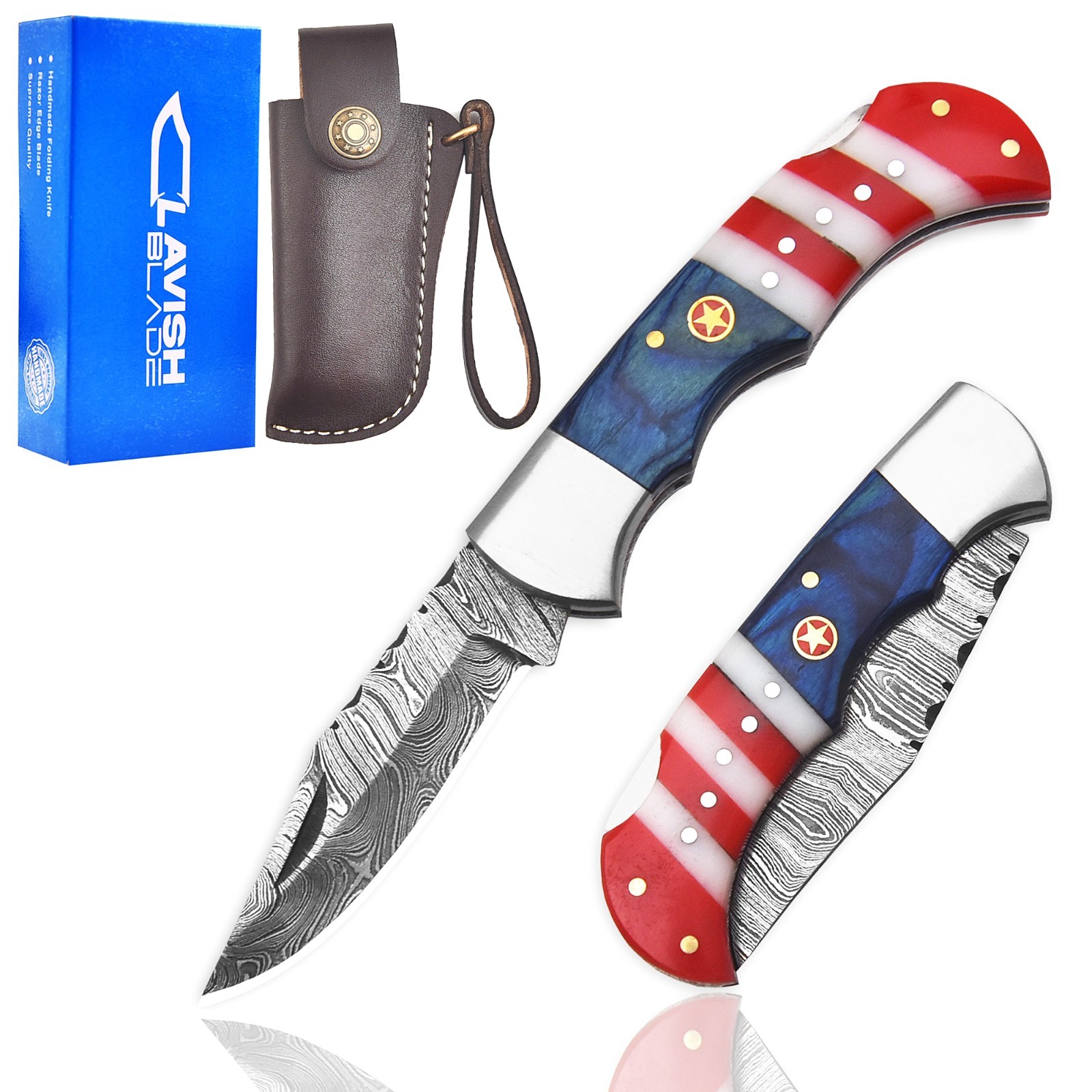 Handmade Forged Custom Damascus Steel Folding Pocket Knife with Leather Sheath