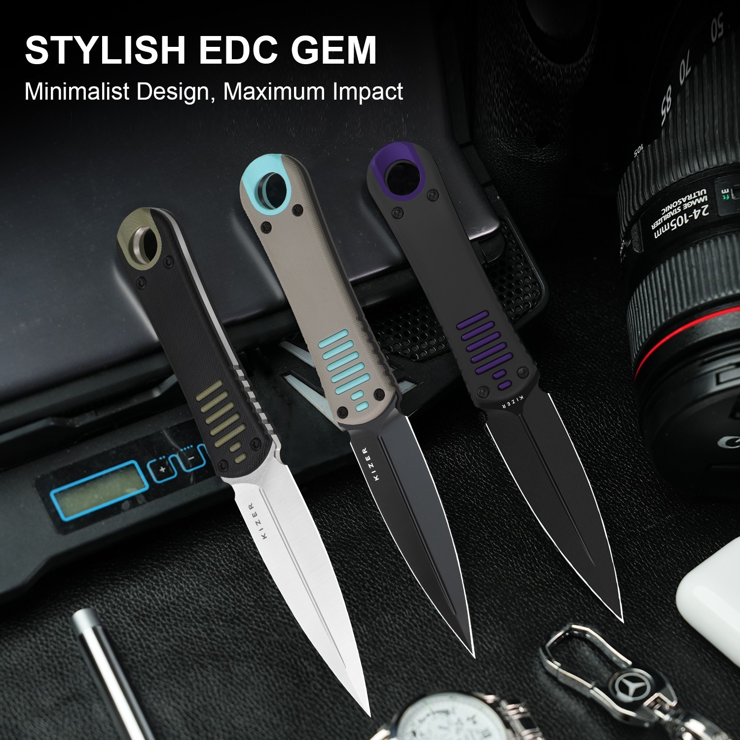 Kizer Hidden Agenda EDC Fixed Knife 10V Blade Aluminum Handle + Sheath 1083A1