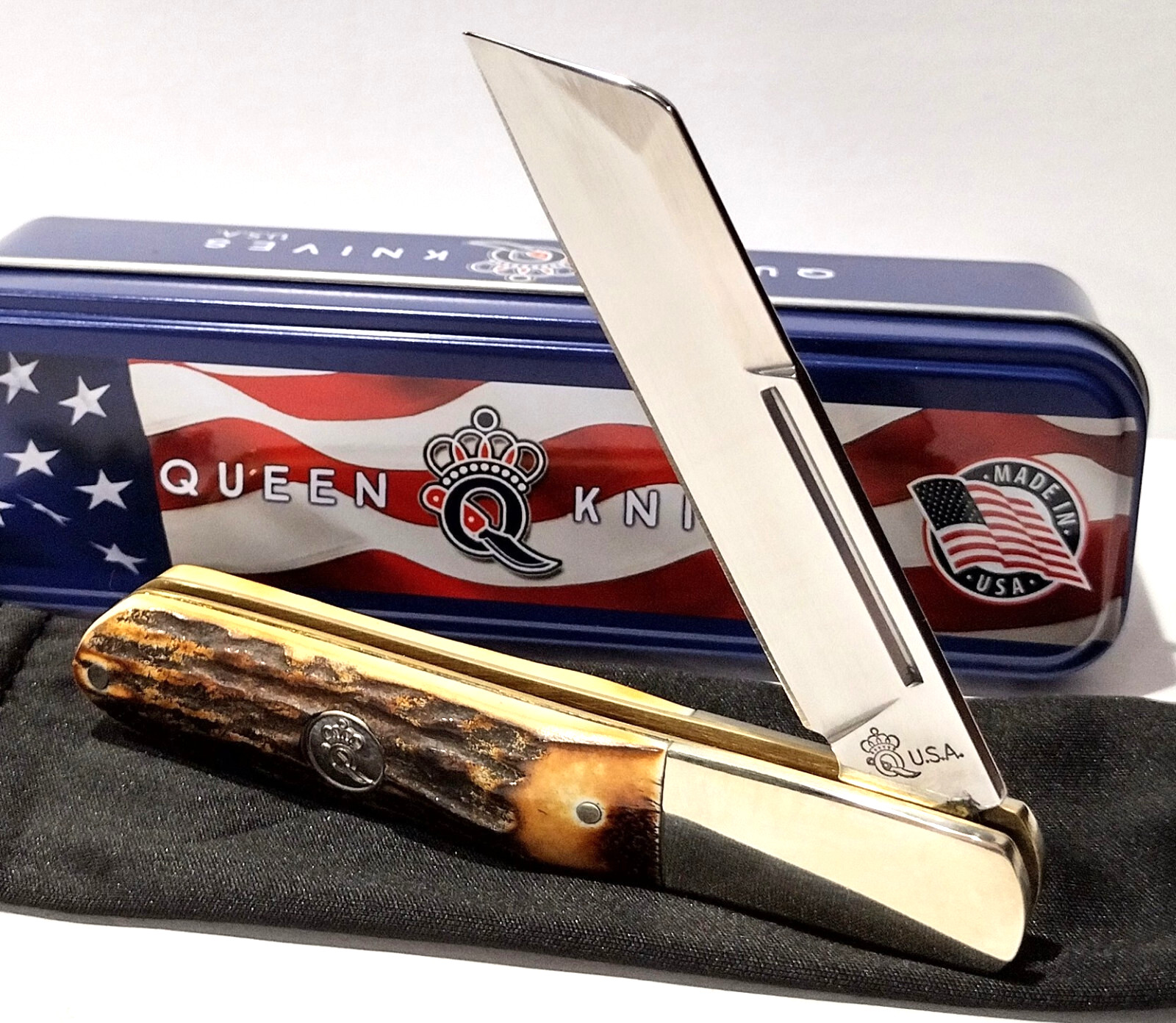 Queen USA 4″ Brown Burnt Stag Bone Barlow Slipjoint Folding Pocket Knife QGSH180