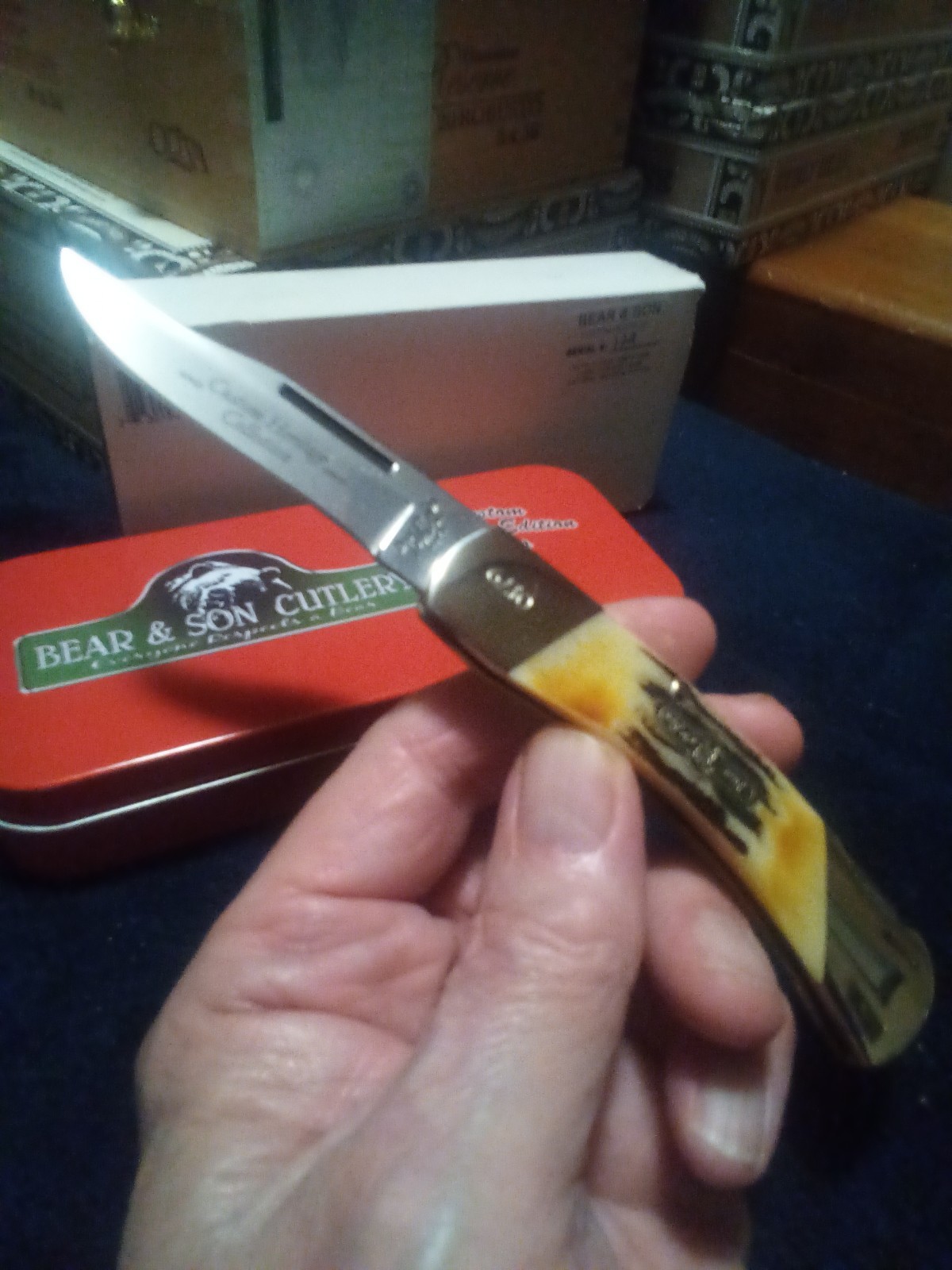 BEAR AND SON POCKET KNIFE 3 3/4 LOCK BACK MADE IN THE USA WITH INDIA STAG HANDLE