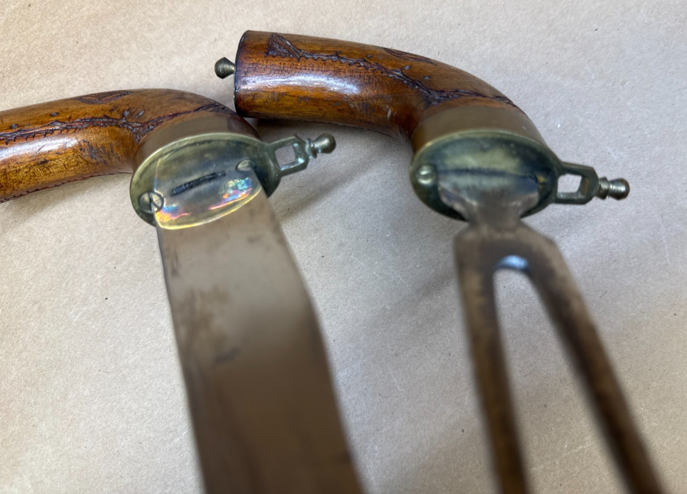VERY RARE Knife Pair Carved Handles Matched Carved Wood Sheaths Brass Trim-INDIA