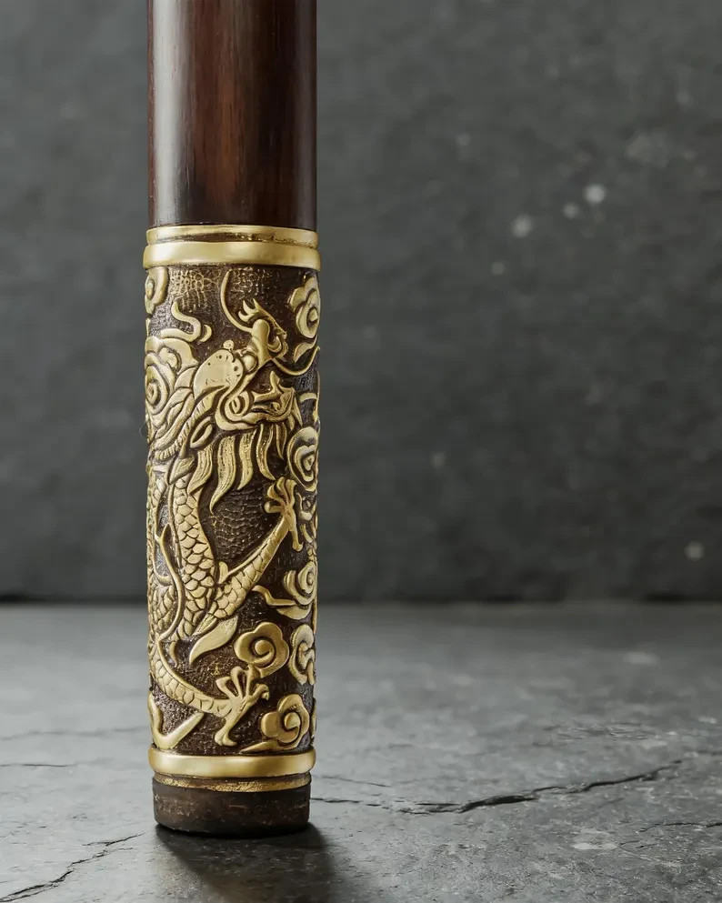 Round Head Sword Cane Solid Wood Shaft Aged Brass Dragon Ring Decorative Display
