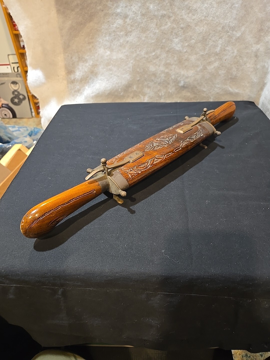 Vintage Indian Carving Knife and Fork set wooden carved wood and brass trim