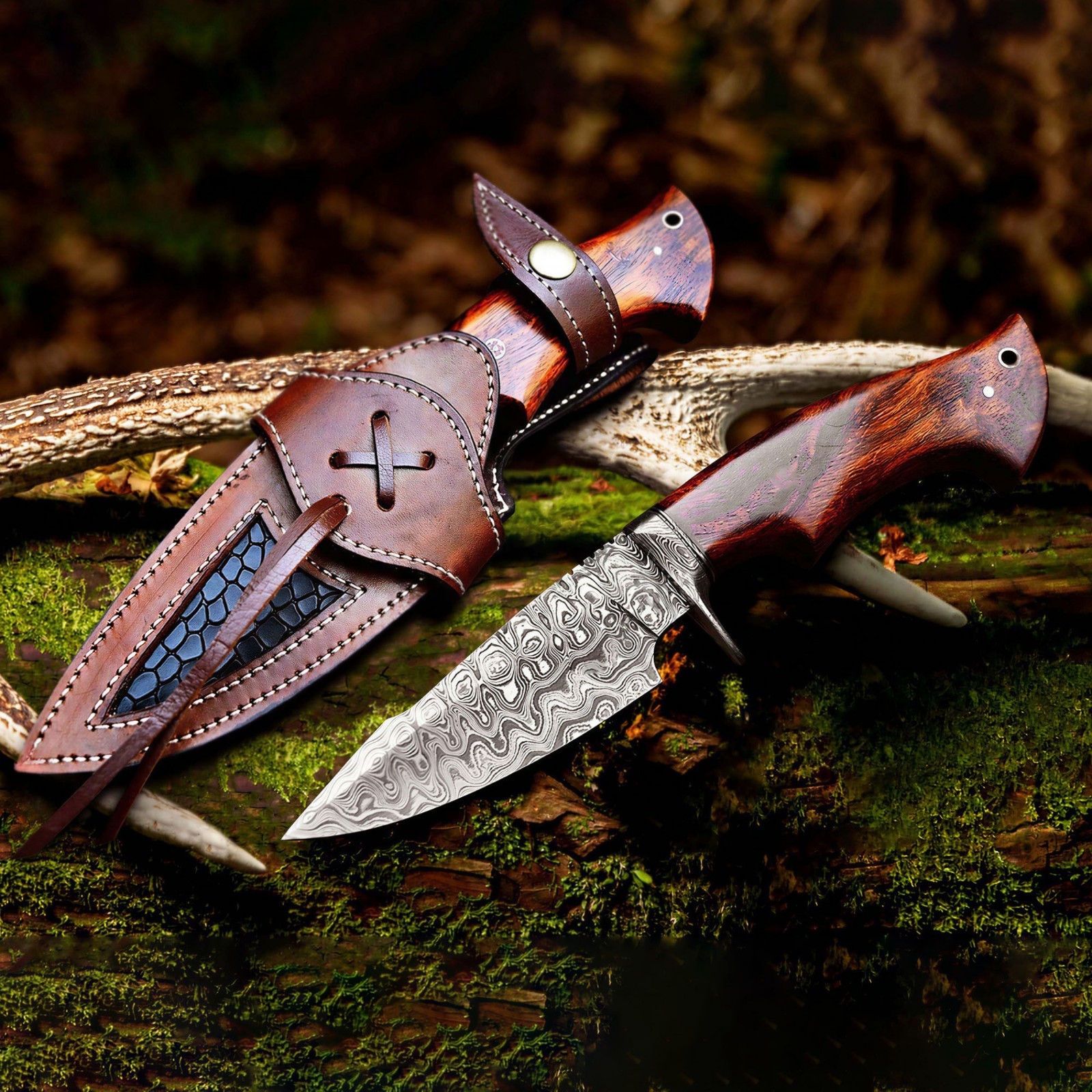 Damascus Steel Bobcat Hunting Knife, Handmade Fixed Blade Camping Outdoor Knife
