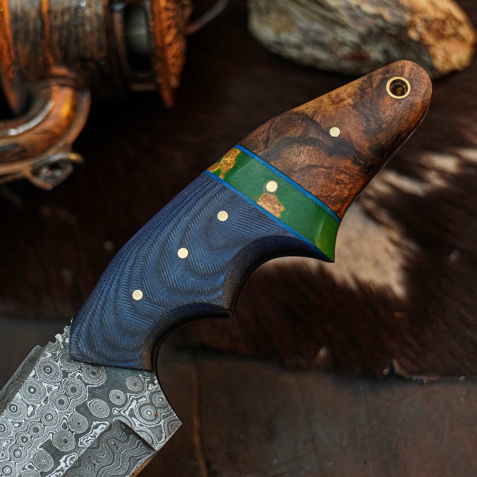9.2″ Tanto EDC Knife Damascus Fixed Blade Wood Handle Full Tang + Sheath