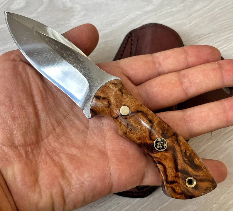 Hunting Knife 1075 Carbon Steel & Rosewood Handle Made Camping Knife with Leathe