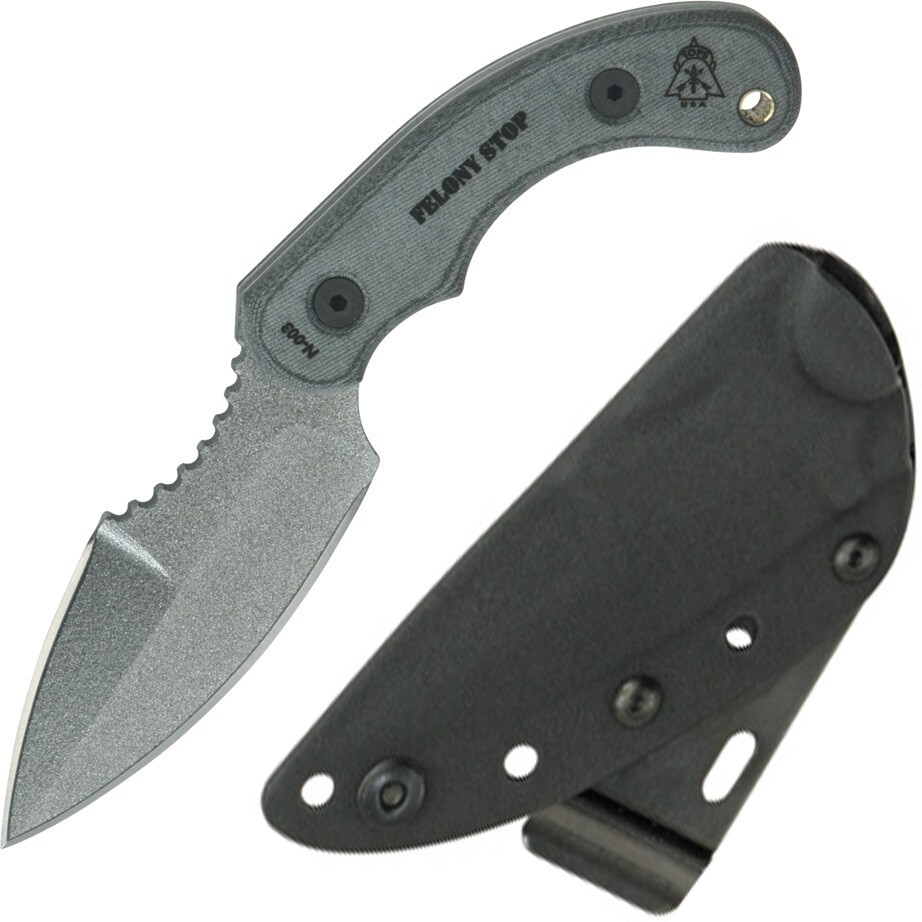TOPS Felony Stop Fixed Knife 3.5″ 1095 Steel Blade Gray Micarta Onlay Handle