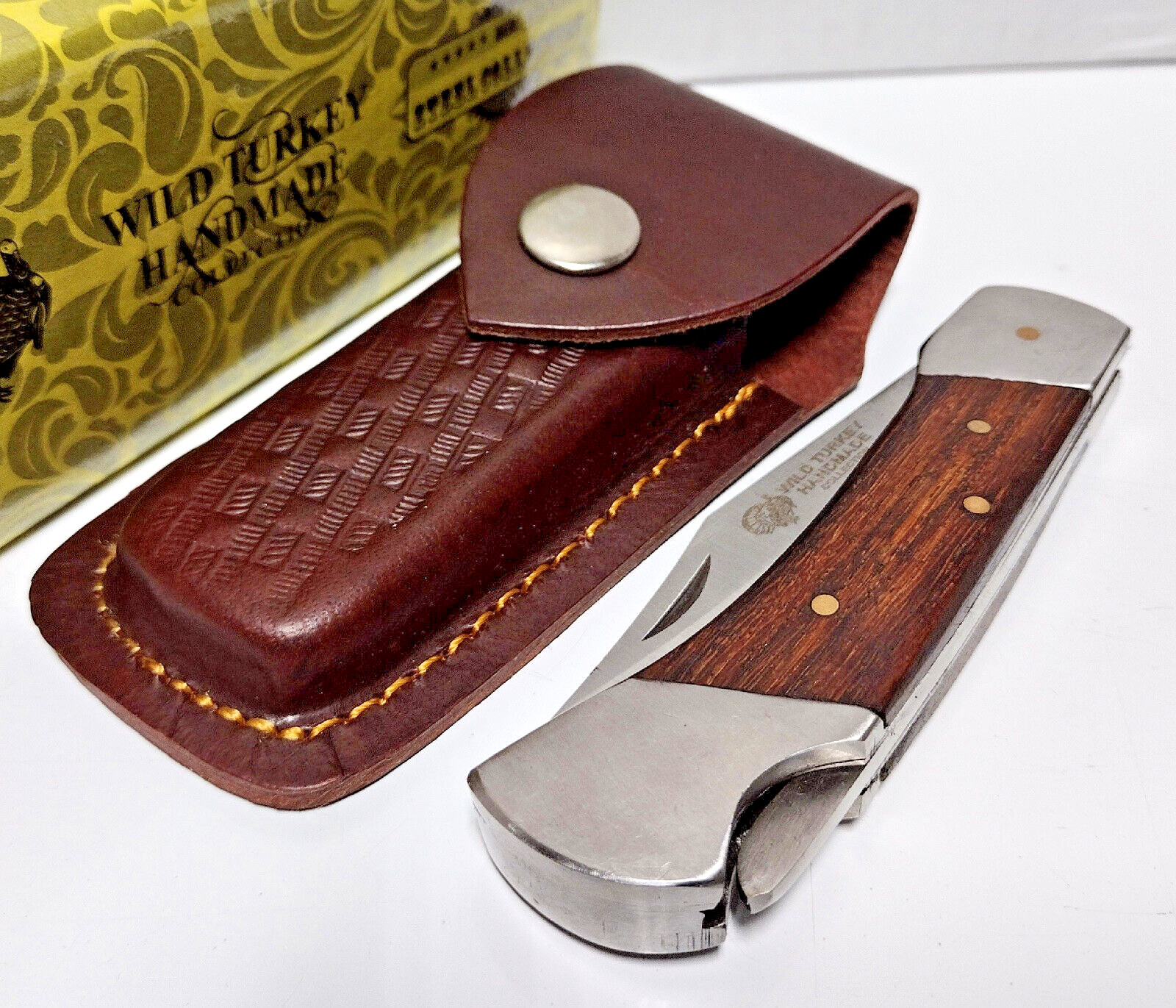 Wild Turkey Hardwood Drop Point Blade Lockback Hunting Pocket Knife + Sheath