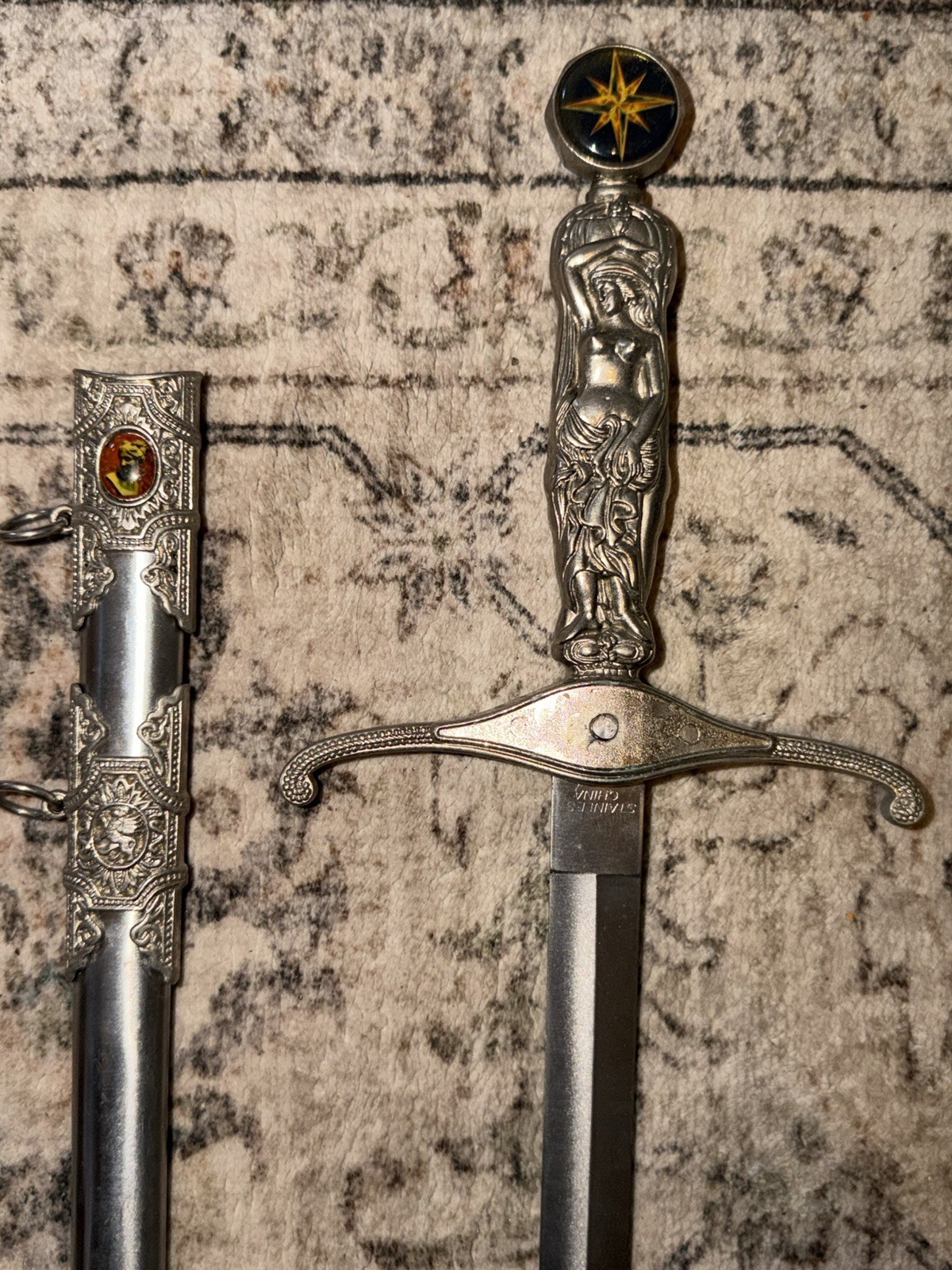 Decorative Reproduction Dagger w/ Scabbard, Stainless Blade, Silver/Gold/Black
