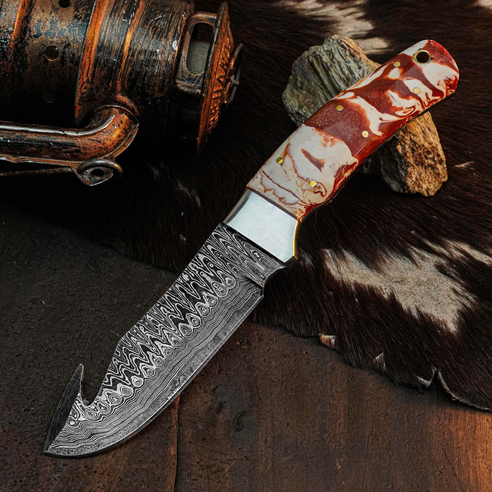 8.8″ Clip Point Knife Damascus Steel Hunting EDC Full Tang Blade Resin Handle