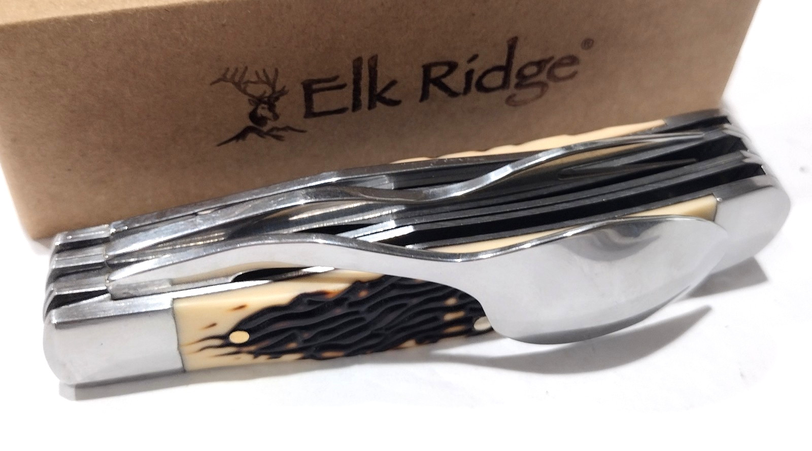 Elk Ridge Burnt Bone HOBO Folding Knife Fork Spoon Bottle Opener Camping Tool
